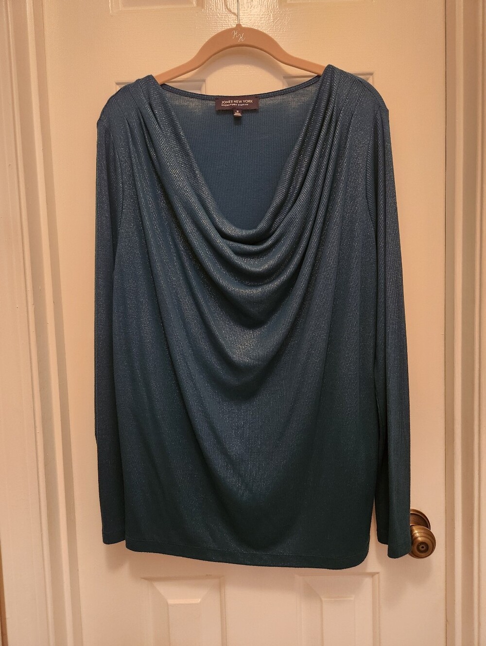Womens Jones New York Dark Teal With Silver Shimmer Cowl Neck Top - Size - 1X